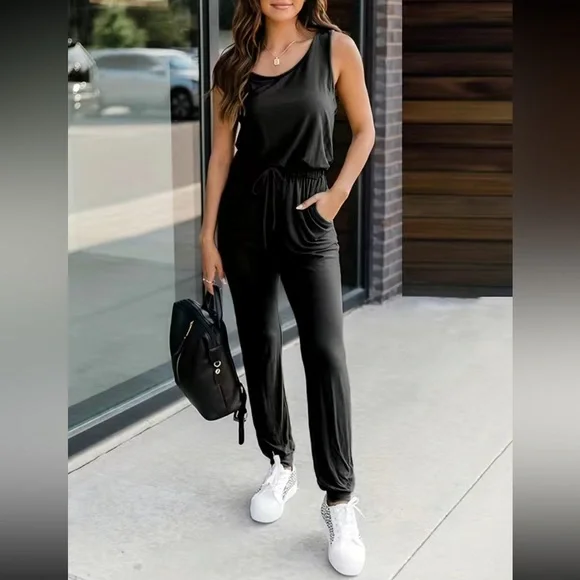 Boho sleeveless drawstring waist jumpsuit